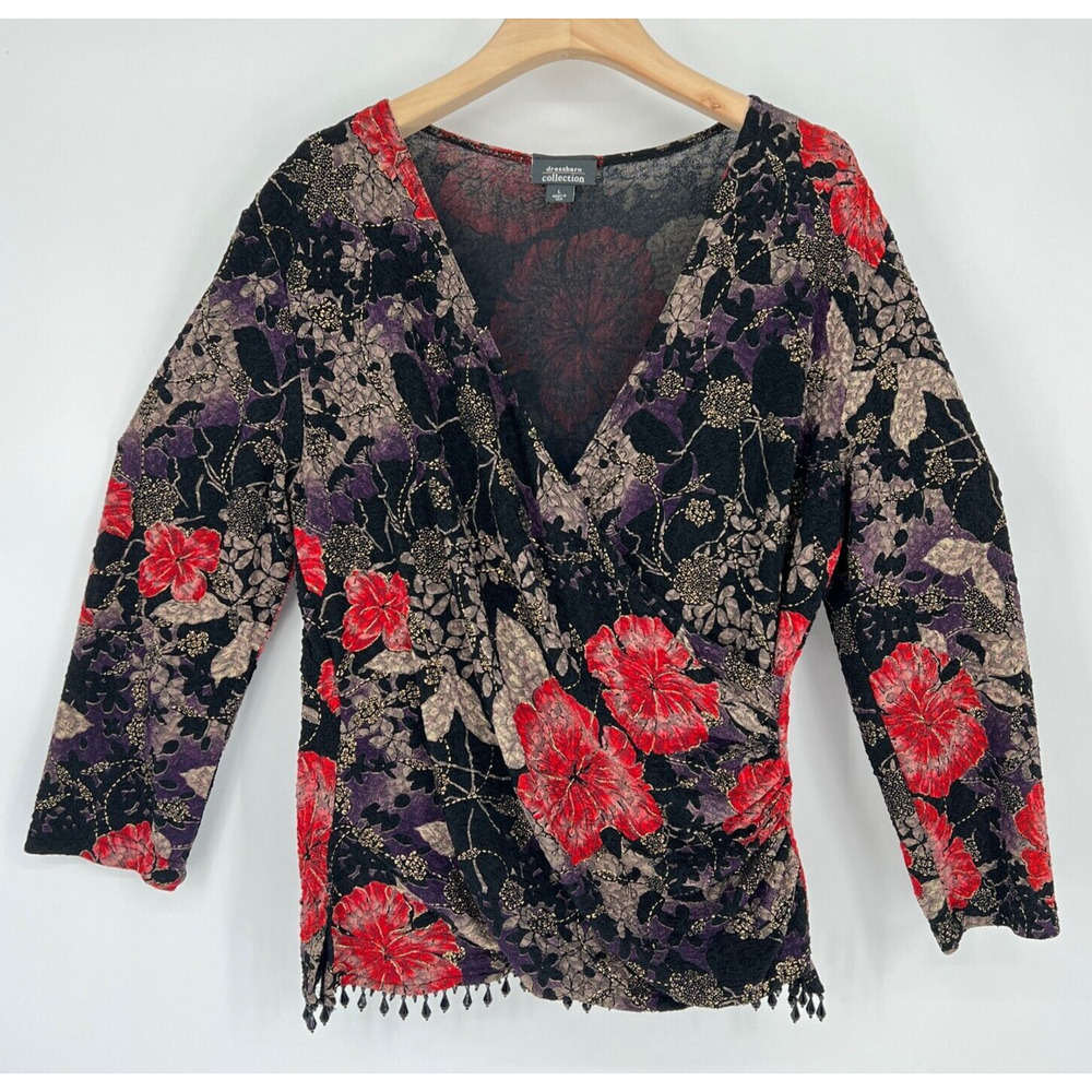 Vtg Y2K Dressbarn Wrap Top Sz L Beaded Hem Floral Metallic Mesh Boho Whimsigoth